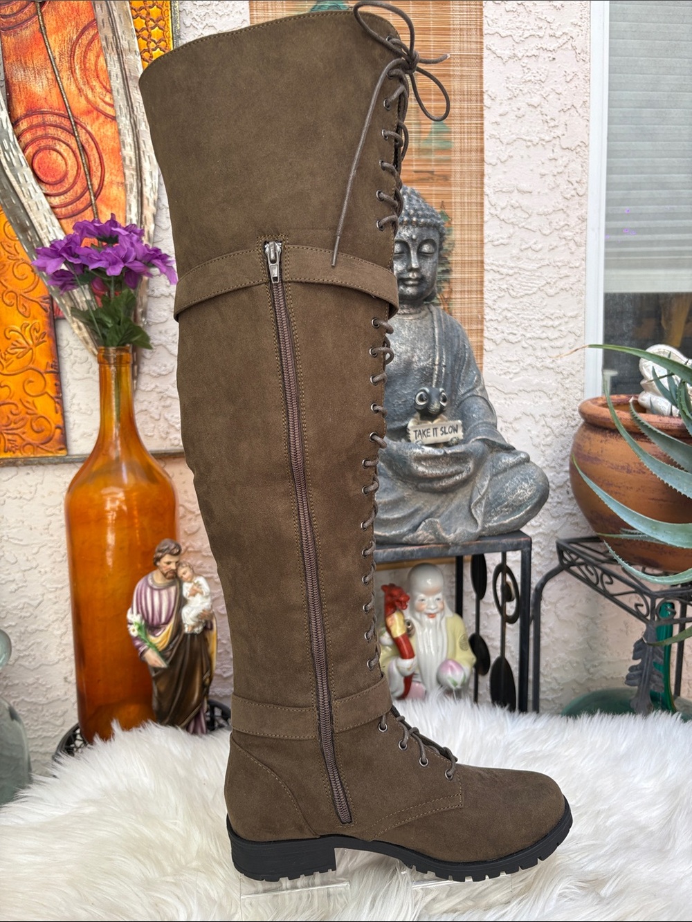 Tall Lace-Up Zip Knee Boot in Olive Brown